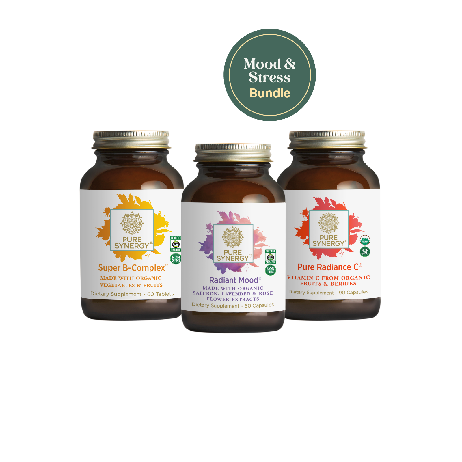 Three bottles of dietary supplements from The Synergy Company are arranged in a row: Mood & Stress Balance, Radiant Mood, and Pure Radiance C. Above them is a circular label that reads "Mood & Stress Bundle," emphasizing their focus on stress resilience with herbal mood formula support.