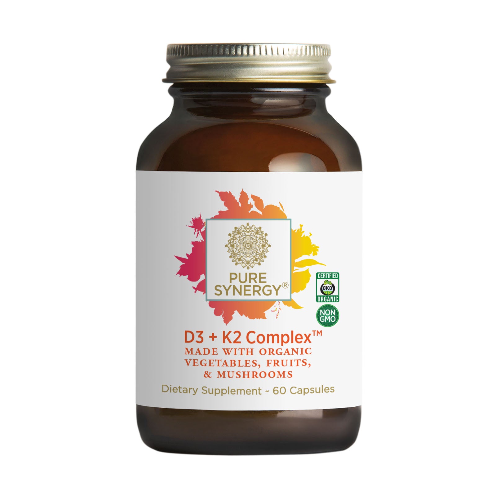 A brown glass bottle labeled D3 + K2 Complex™ by The Synergy Company, a vegan vitamin D3 supplement featuring colorful leaf graphics, made with organic vegetables, fruits, mushrooms, and containing 60 capsules.