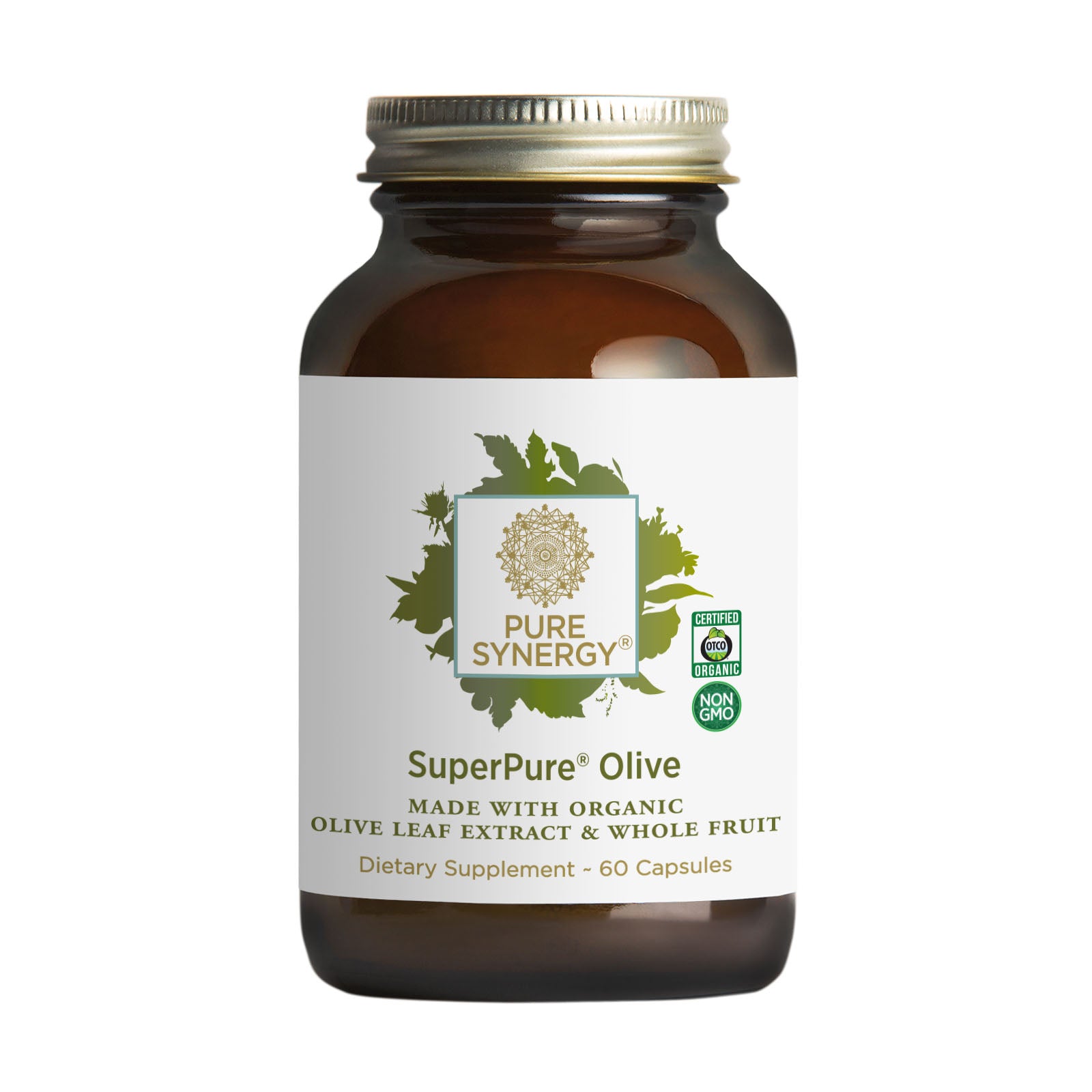 A brown bottle labeled SuperPure® Olive Extract, made with organic olive leaf extract and whole fruit, is rich in polyphenols and antioxidants and contains 60 capsules as a dietary supplement.
