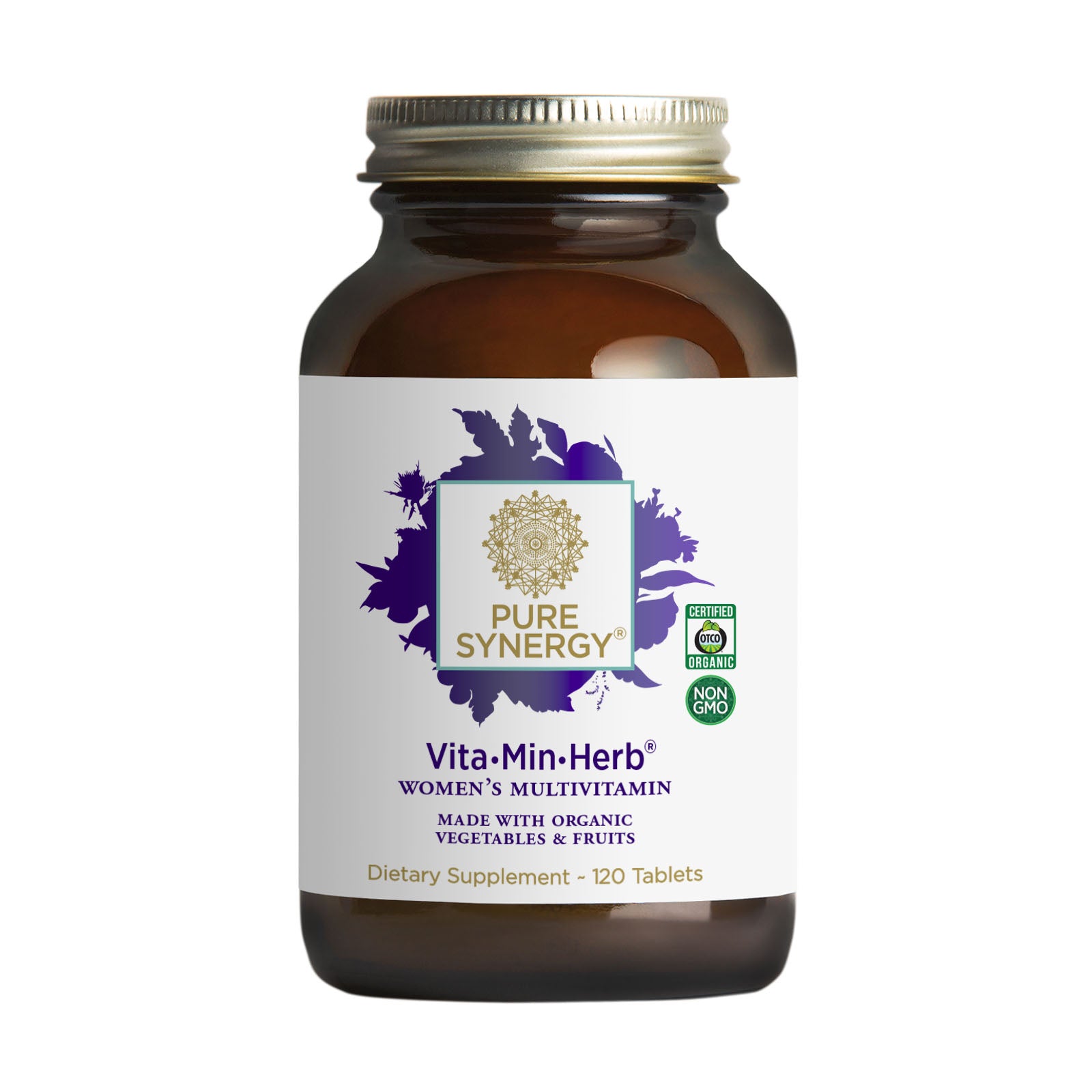 A brown bottle of The Synergy Company Vita•Min•Herb® For Women, an herbal multivitamin with organic vegetables and fruits. White label with purple graphics and gold text; formulated for womens health. Contains 120 tablets.