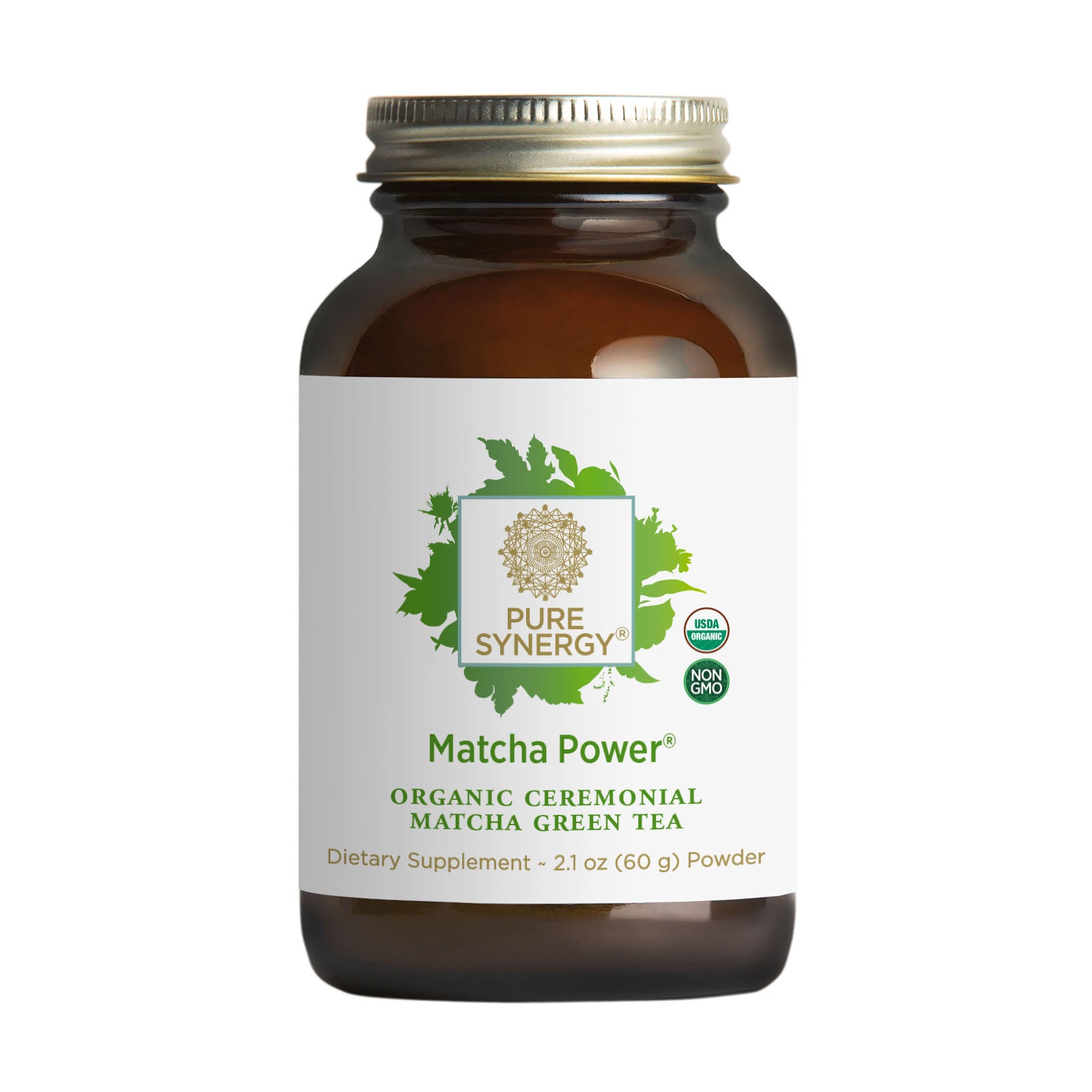 A brown glass jar labeled The Synergy Company Organic Matcha Power® Powder features Japanese organic ceremonial-grade matcha, green leaves, certification logos, product details, and a gold metal lid.