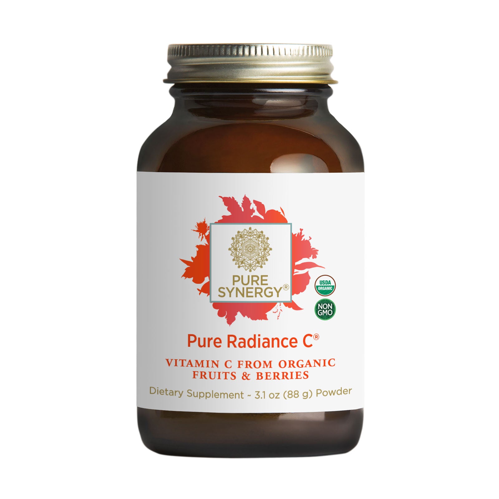 A 3.1 oz brown glass jar labeled Pure Radiance C® Powder, USDA Organic and Non-GMO, contains natural vitamin C powder from organic fruits like acerola cherry and camu camu.