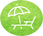 Icon of a white beach umbrella and lounge chair on a textured green circular background.