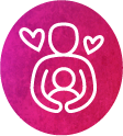 Icon of a person outlined in white, holding a child, with two heart symbols nearby. The background is a textured pink circle.