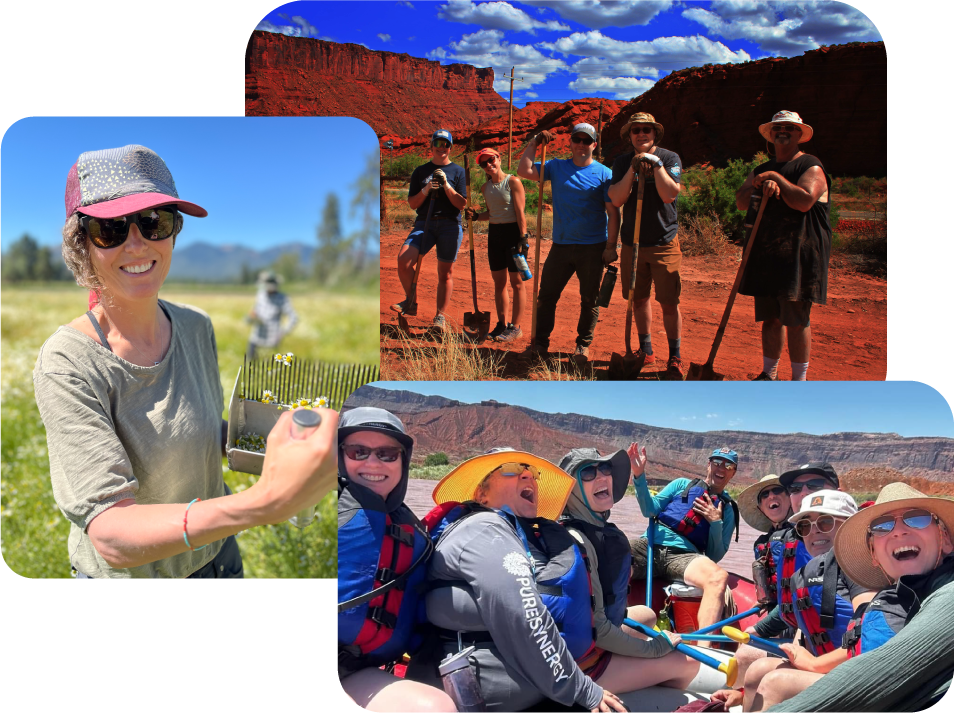 Three images: 1) A person smiling in a field, holding a notebook. 2) A group of people posing with hiking gear against a backdrop of red rock formations. 3) A group of people wearing helmets and life jackets, enjoying a raft ride on a river.