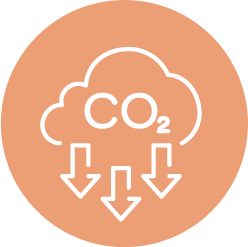 White outline of a cloud with “CO₂” inside and three downward arrows below, on an orange circular background, symbolizing carbon dioxide reduction.