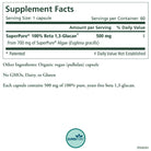 Supplement Facts label for The Synergy Company’s SuperPure® Beta 1,3-Glucan Extract: a vegan capsule with 500 mg of 100% pure, yeast-free Beta 1,3-Glucan from Euglena gracilis algae. Non-GMO, dairy-free, gluten-free. SuperPure logo at bottom.