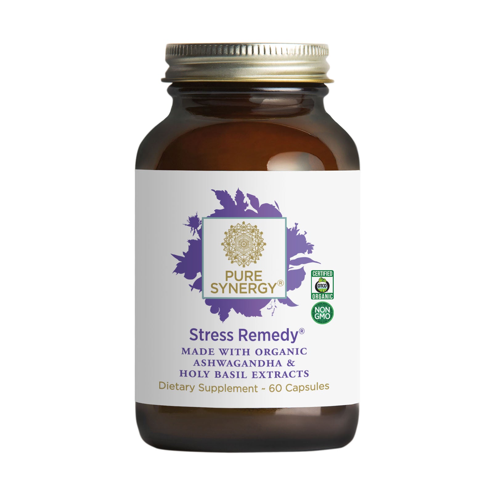 Stress Remedy® comes in a brown glass bottle with 60 capsules featuring adaptogens for daily stress resilience and focus. The label highlights its organic and non-GMO certifications.