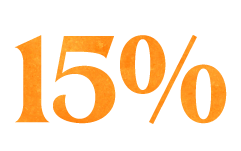 The image shows the number 15% in a bold, textured orange font on a transparent background.