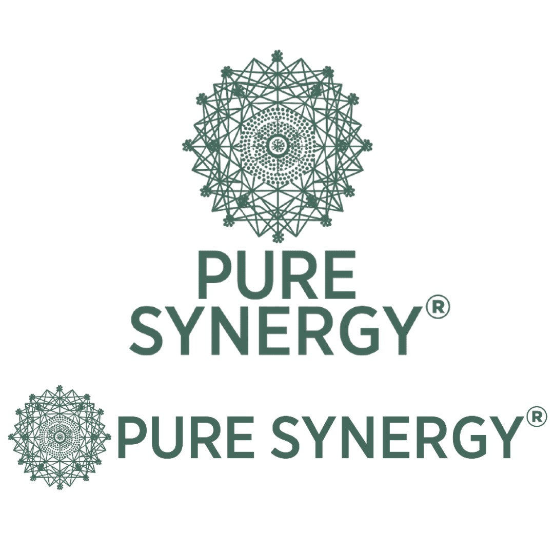 Geometric abstract design with the words PURE SYNERGY® placed below. The arrangement appears in two layouts: one with the text centered and another with the text aligned to the right of the design.