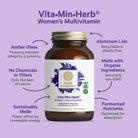 A bottle of The Synergy Company Vita•Min•Herb® For Women sits on a purple background. Labels highlight its amber glass, aluminum lid, sustainable packaging, organic ingredients, and fermented nutrients.