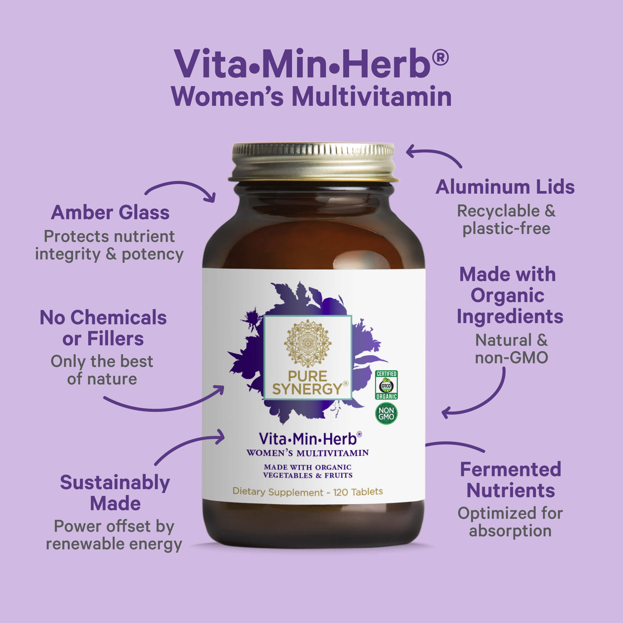 A bottle of The Synergy Company Vita•Min•Herb® For Women sits on a purple background. Labels highlight its amber glass, aluminum lid, sustainable packaging, organic ingredients, and fermented nutrients.