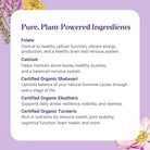 The backdrop is a purple color adorned with floral patterns, featuring text that states: Pure, Plant-Powered Ingredients. It highlights the benefits of components like Folate and Calcium along with Certified Organic herbs including Shatavari and Eleuthero to support women's health. Explore Vita•Min•Herb® For Women by The Synergy Company, an herbal multivitamin blend enhanced with vitality-boosting vitamins from Turmeric.