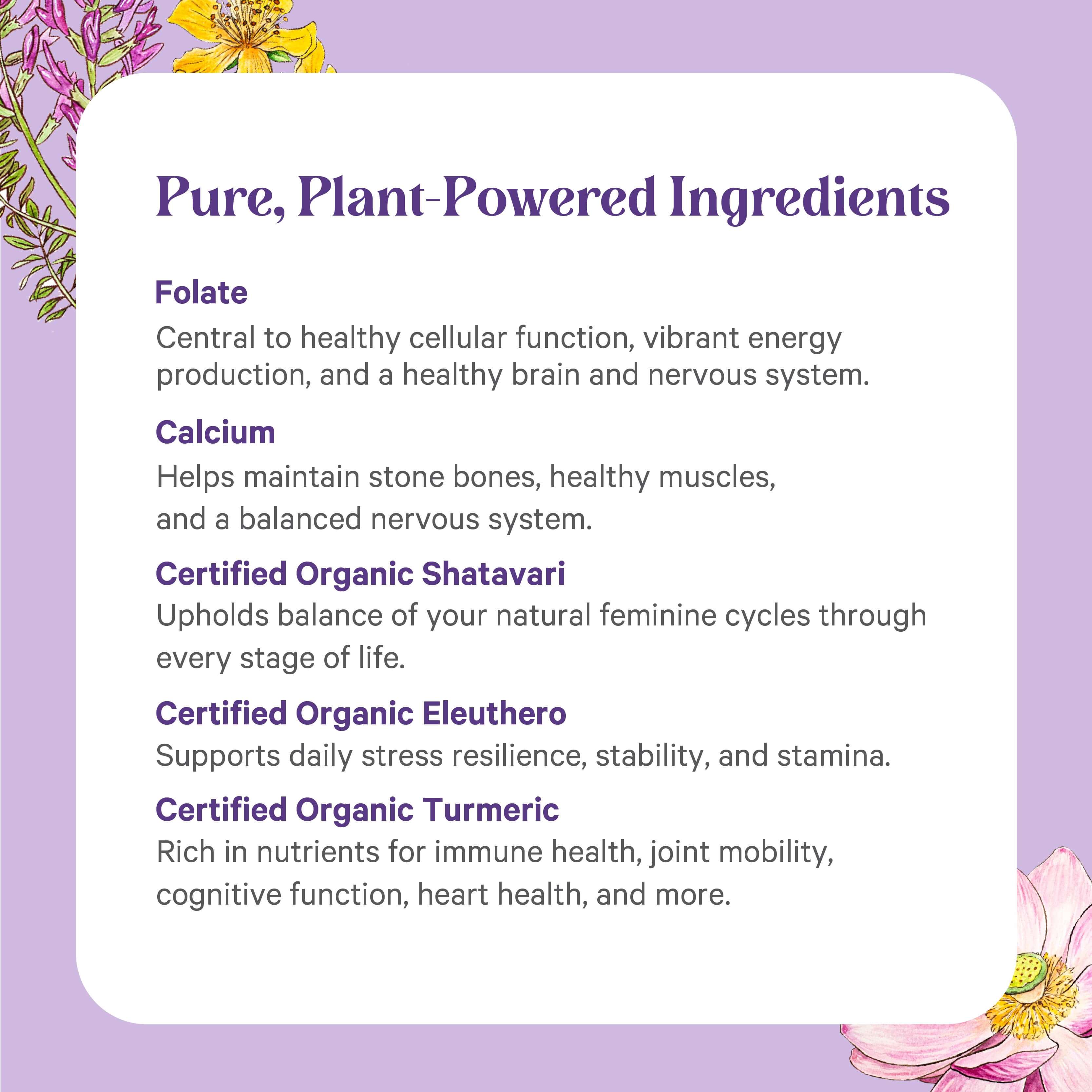 The backdrop is a purple color adorned with floral patterns, featuring text that states: Pure, Plant-Powered Ingredients. It highlights the benefits of components like Folate and Calcium along with Certified Organic herbs including Shatavari and Eleuthero to support women's health. Explore Vita•Min•Herb® For Women by The Synergy Company, an herbal multivitamin blend enhanced with vitality-boosting vitamins from Turmeric.