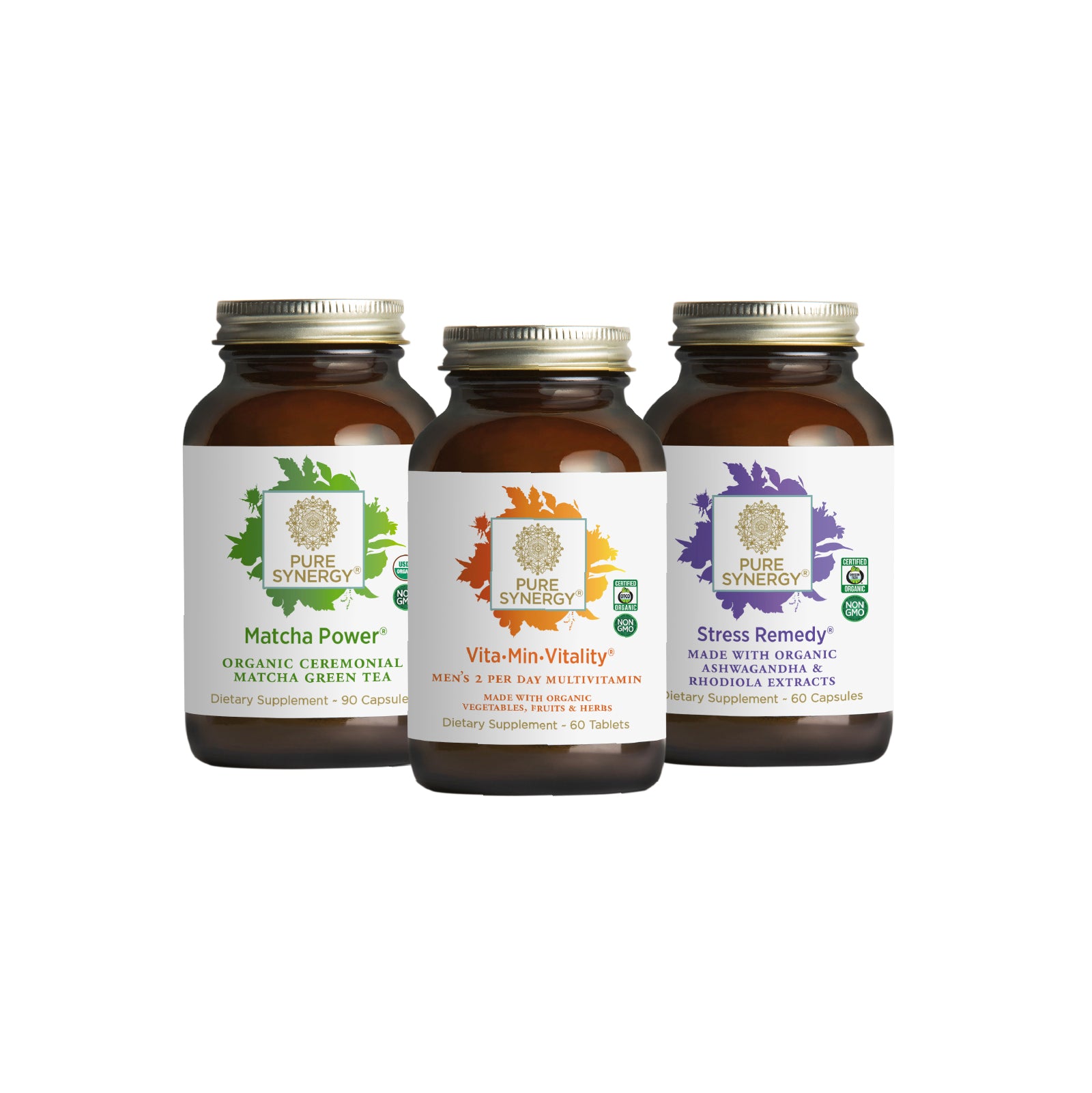 Three brown glass bottles from The Synergy Company’s Working Man Bundle, each with colorful leaf graphics and white labels, stand side by side on a white background.