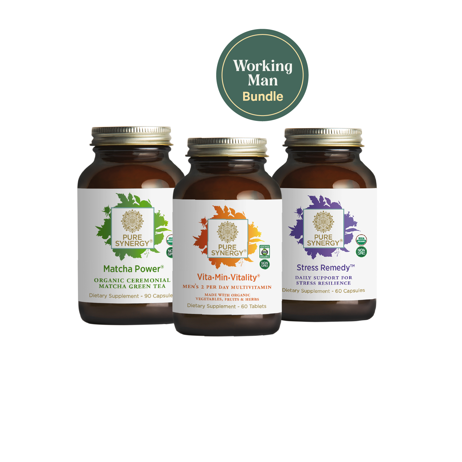 The Working Man Bundle from The Synergy Company consists of three brown bottles labeled Matcha Power, Vita•Min•Vitality, and Stress Remedy. These dietary supplements feature adaptogen extracts for stress relief and are crafted with visible leaves in the background designs to support a balanced lifestyle.