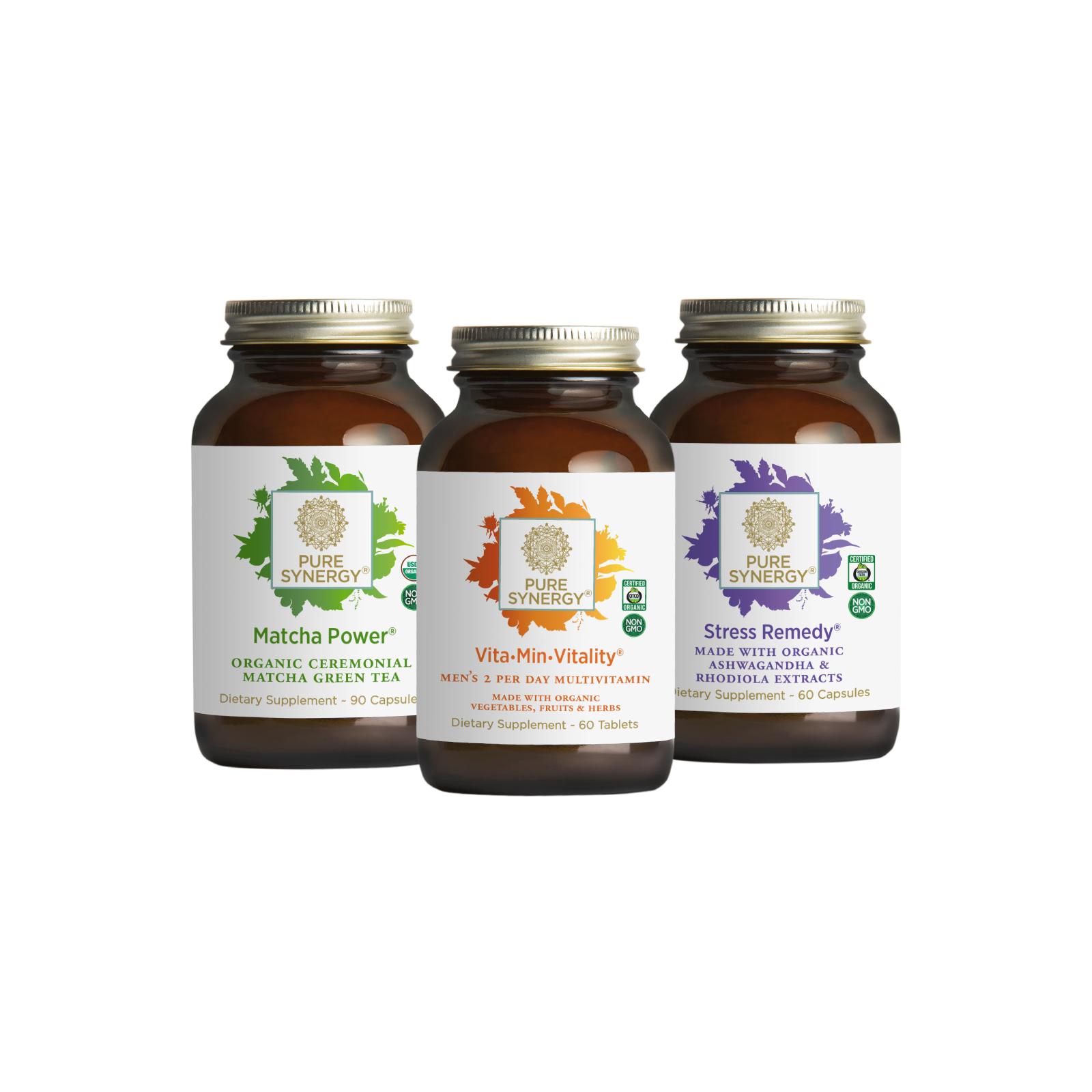 Three bottles of supplements from The Synergy Company are displayed. From left to right: Matcha Power, a vibrant green matcha capsule loaded with adaptogens; Vita·Min·Vitality, an orange men's multivitamin; and Stress Remedy with a calming purple label. Together, these products make up the Working Man Bundle.