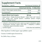 The Synergy Company Zinc Complex™ Supplement Facts label highlights fermented zinc, vitamins, minerals, and an organic whole-food blend with fruits, veggies, and mushroom mycelia for immune support. Serving size, daily values; non-GMO, dairy-free, gluten-free.