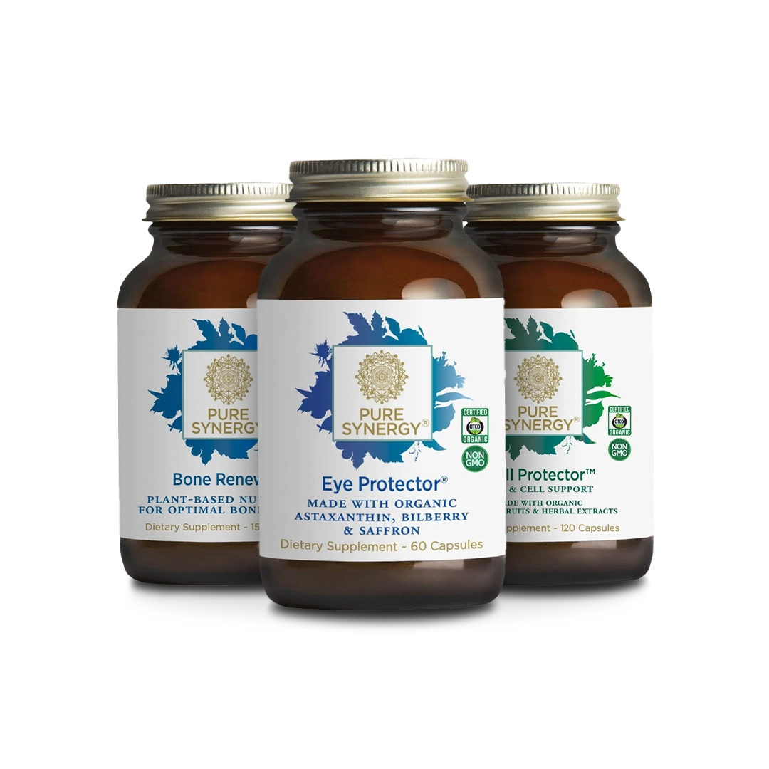 Three bottles of Pure Synergy dietary supplements are displayed: Bone Renewal, Eye Protector, and Cell Protector. Each bottle is brown with a white label featuring a colorful design and the brand logo.