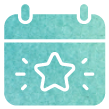 A teal-colored calendar icon with a white outline features a star in the center. The calendar has two loops at the top, resembling page holders, and lines radiating from the star, giving a sense of emphasis or special highlight.