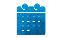 Blue textured calendar icon with white lines representing a grid of days and two spiral bindings at the top.